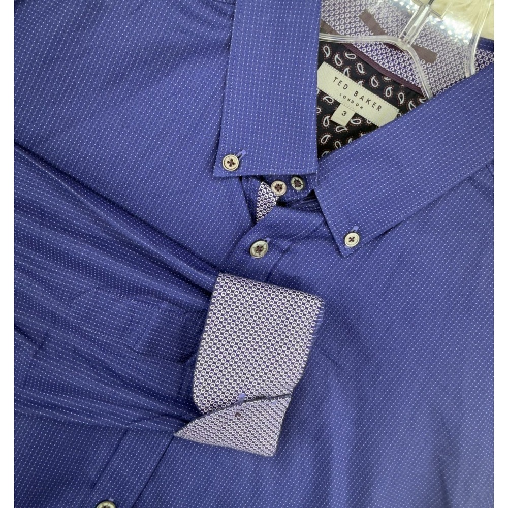 Ted Baker London Dress Shirt Mens 3 M Blue Textured Paisley Trim Long Sleeve